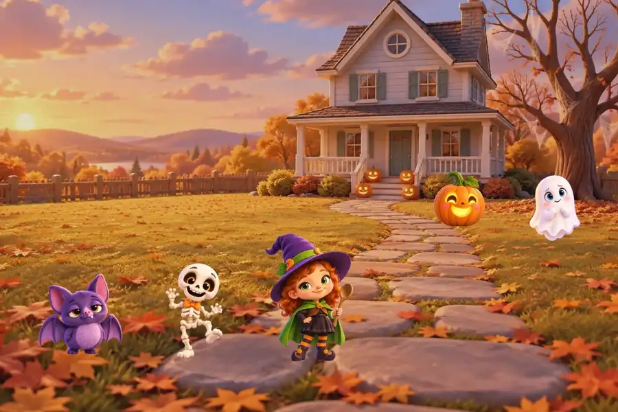 A bat, a skeleton, a little witch, a pumpkin and a ghost in an autumn yard