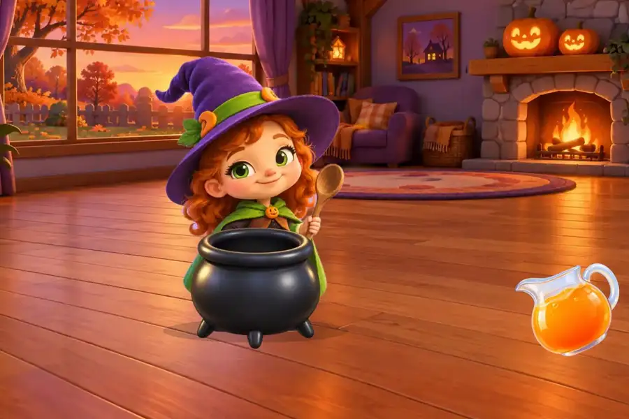 A little witch with an empty cauldron by the fireplace