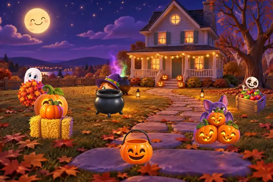 The yard at night with friends hiding among pumpkins