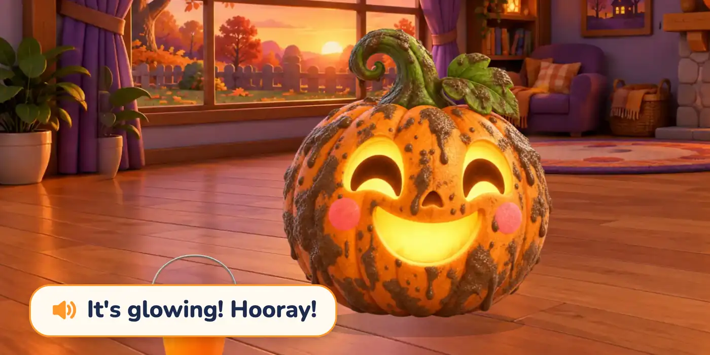 A smiling muddy pumpkin glows in a warm living room, with the caption: It's glowing! Hooray!