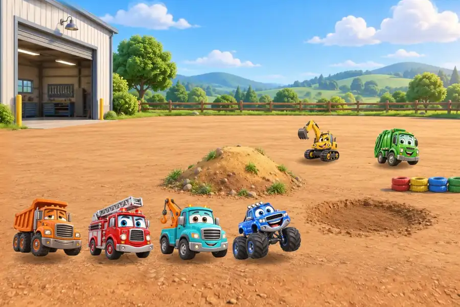 Truck Doctor: six cartoon trucks in front of the garage